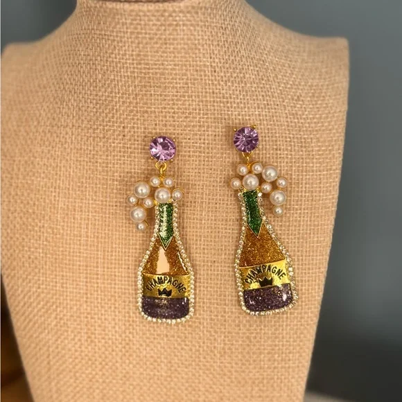 Champagne Bottle Statement Earrings Pearl Purple Crystal Rhinestone Dangles - Picture 2 of 4